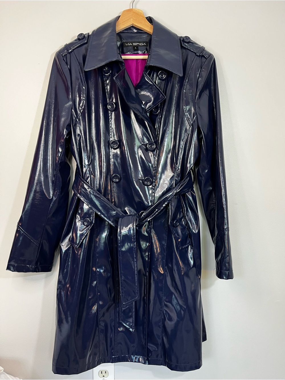 Via Spiga Navy Blue Vegan Patent Trench Coat Raincoat Women’s Large